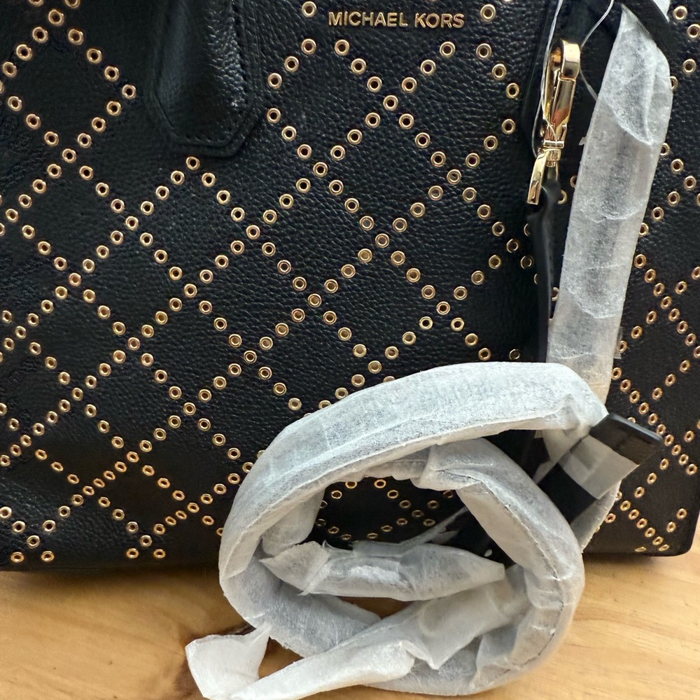 NWT Michael Kors Studio Mercer Studded Black Coated Twill / Leather Tote - Picture 4 of 5